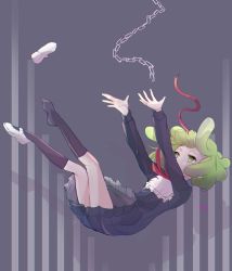 Rule 34 | 1girl, arms up, black dress, black footwear, calf socks, chain, child, danganronpa (series), danganronpa another episode: ultra despair girls, dress, falling, frilled dress, frills, full body, green eyes, green hair, grey background, hands up, legs, legs apart, long sleeves, looking up, mary janes, neck ribbon, outstretched arms, palms, red ribbon, ribbon, shoes, simple background, thighs, towa monaca, unworn ribbon, unworn shoe, white footwear