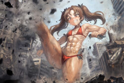 Rule 34 | 1girl, bikini, black ribbon, blue sky, brown eyes, brown hair, building, commentary, day, destruction, flat chest, giant, giantess, girls und panzer, grin, hair ribbon, halterneck, kadotani anzu, kicking, long hair, muscular, muscular female, navel, outdoors, parted bangs, red bikini, ribbon, sky, smile, solo, standing, standing on one leg, sweat, swimsuit, twintails, yilx