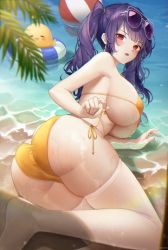 Rule 34 | 1girl, absurdres, ass, azur lane, bad id, bad twitter id, ball, bare shoulders, beachball, bikini, breasts, eyewear on head, fang, highres, in water, large breasts, long hair, looking at viewer, lying, manjuu (azur lane), meoyo, no shoes, official alternate costume, on side, open mouth, pola (azur lane), pola (seaside coincidence) (azur lane), purple hair, red eyes, shallow water, side-tie bikini bottom, skin fang, sunglasses, swimsuit, thighhighs, thighs, twintails, water, white thighhighs, yellow bikini
