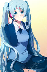 Rule 34 | 1girl, bad id, bad pixiv id, blue eyes, blue hair, female focus, gradient background, hatsune miku, headphones, headset, long hair, matching hair/eyes, musical note, smile, solo, soudou, twintails, very long hair, vocaloid