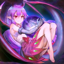 Rule 34 | 100 percent orange juice, 1girl, bad id, bad twitter id, bare legs, bare shoulders, barefoot, collateral damage studios, commentary, dark lulu (orange juice), dragon girl, dragon horns, dragon wings, energy ball, english commentary, highres, horns, long hair, nail polish, official art, pointy ears, purple hair, purple skirt, red eyes, shirt, skirt, solo, toenail polish, toenails, toes, unfinished, usanekorin, very long hair, white shirt, wings