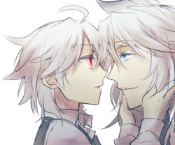 Rule 34 | 2boys, ahoge, blue eyes, face-to-face, fate/apocrypha, fate/grand order, fate (series), from side, hands on another&#039;s cheeks, hands on another&#039;s face, highres, long sleeves, looking at another, male focus, multiple boys, red eyes, shirt, short hair, sieg (fate), siegfried (fate), silver hair, takasaki (rock rock), waistcoat, white background, white shirt, yaoi