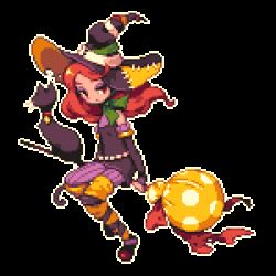Rule 34 | 1girl, black cat, bow, broom, broom riding, candy, cat, full body, hat, lollipop, lowres, pixel art, red eyes, red hair, sidesaddle, solo, transparent background, uruchimai, witch, witch hat