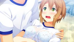 Rule 34 | 1girl, blush, breasts, brown hair, donuthouse, game cg, green eyes, gym uniform, looking up, lying, mayachi (amuriya), open mouth, short hair, small breasts, solo focus, valkyrie runabout!, water, wet, wet clothes