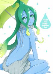 Rule 34 | 10s, 1girl, 2017, back, backless outfit, bare back, bare shoulders, blue skin, butt crack, character name, colored skin, dated, from behind, from side, gecotan, green eyes, green hair, happy birthday, looking at viewer, meme attire, monster girl, monster musume no iru nichijou, open mouth, ribbed sweater, simple background, sitting, slime girl, solo, suu (monster musume), sweater, turtleneck, turtleneck sweater, umbrella, virgin killer sweater, white background