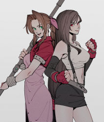 Rule 34 | 2girls, absurdres, aerith gainsborough, back-to-back, black hair, black skirt, brown hair, clenched hands, crop top, cropped jacket, dress, elbow gloves, final fantasy, final fantasy vii, fingerless gloves, gloves, highres, jacket, materia, midriff, multiple girls, oimo (oimkimn), pink dress, red jacket, simple background, skirt, staff, suspenders, tank top, tifa lockhart