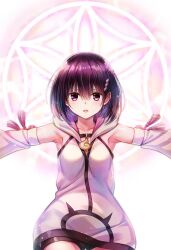 Rule 34 | 1girl, armpits, ayakashi triangle, cleaned, commentary, derivative work, detached sleeves, english commentary, hair ornament, hairclip, highres, kanade suzu, looking at viewer, momocchi18, official art, purple eyes, purple hair, short hair, simple background, solo, white background, yabuki kentarou