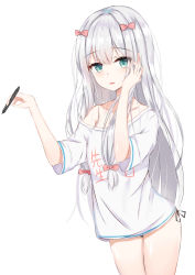 Rule 34 | 10s, 1girl, absurdres, adrenaline!!!, artist request, bare shoulders, black panties, blue eyes, collarbone, commentary request, cowboy shot, eromanga sensei, hand on own cheek, hand on own face, hands up, highres, holding, holding pen, izumi sagiri, legs, legs together, long hair, looking at viewer, off shoulder, panties, pantyshot, parted lips, pen, shirt, side-tie panties, sidelocks, silver hair, simple background, solo, standing, string panties, stylus, t-shirt, tearing up, underwear, white background, white shirt