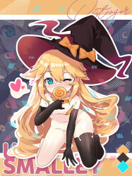 Rule 34 | 1girl, apple caramel, azur lane, bad id, bad pixiv id, black gloves, blonde hair, blue eyes, blush, breasts, candy, character name, convenient censoring, elbow gloves, food, gloves, halloween, hand up, hat, heart, highres, holding, holding candy, holding food, holding lollipop, kneeling, lollipop, long hair, looking at viewer, navel, one eye closed, outline, signature, single thighhigh, small breasts, smalley (azur lane), smalley (candy courier) (azur lane), solo, swirl lollipop, thighhighs, very long hair, white outline, witch hat