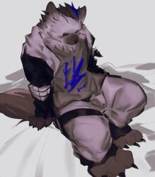 Rule 34 | 1boy, arknights, black eyes, black jacket, claws, commentary, furry, furry male, grey pants, grey shirt, hyena boy, jacket, looking ahead, looking at viewer, male focus, multicolored hair, p7ywirzyw8lesuc, pants, shirt, sitting, solo, spot (arknights), streaked hair, symbol-only commentary, toe claws