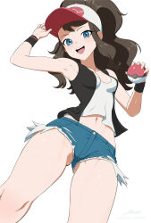 Rule 34 | 1girl, absurdres, adjusting clothes, adjusting headwear, armpits, artist name, bare shoulders, baseball cap, black hair, blue eyes, breasts, buttons, collarbone, commentary, creatures (company), eyes visible through hair, fingernails, game freak, hands up, hat, highres, hilda (pokemon), holding, long hair, looking at viewer, navel, navel peek, nintendo, open clothes, open mouth, original, poke ball, pokemon, pokemon bw2, ponytail, revenantart, shiny skin, shorts, sidelocks, signature, simple background, sleeveless, small breasts, smile, teeth, thighs, upper teeth only, white background, wristband