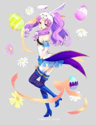 Rule 34 | 1girl, alternate costume, alternate hairstyle, animal ears, boots, dated, easter, easter egg, egg, fake animal ears, fire emblem, fire emblem: the blazing blade, fire emblem heroes, florina (fire emblem), flower, from side, green eyes, grey background, high heel boots, high heels, highres, long hair, looking to the side, nintendo, open mouth, ponytail, purple hair, rabbit ears, see-through, simple background, solo, thighhighs, twitter username, tyotto ko i