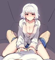 Rule 34 | 1boy, 1girl, blush, breasts, cleavage, closed mouth, collarbone, collared shirt, commentary request, korean commentary, large breasts, long sleeves, maplestory, mendou kusai, pov, shirt, short hair, solo focus, straddling, sweat, white hair