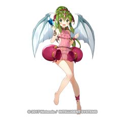 Rule 34 | 1girl, :d, ankleband, barefoot, blush, bracelet, dress, fire emblem, fire emblem heroes, full body, gaou (umaiyo puyoman), green eyes, green hair, headpiece, holding, jewelry, long hair, looking at viewer, nintendo, official art, open mouth, pink dress, pointy ears, ponytail, short dress, simple background, smile, solo, tiki (fire emblem), tiki (young) (fire emblem), watermark, white background, wings