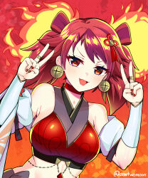 Rule 34 | 1girl, absurdres, arm warmers, armpit crease, bare shoulders, breasts, choker, crop top, detached sleeves, double v, earrings, fire, ha-re the sword mikanko, hair ornament, hands up, highres, jewelry, large breasts, long hair, long sleeves, looking at viewer, midriff, multicolored hair, nail polish, open mouth, red choker, red eyes, red hair, red nails, red shirt, revealing clothes, ring, shirt, short sleeves, sleeveless, sleeveless shirt, smile, solo, tassel, tassel hair ornament, twintails, two-tone hair, twomoon, upper body, v, v-shaped eyebrows, yu-gi-oh!