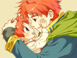 Rule 34 | 2boys, bad id, bad pixiv id, blue eyes, blue shirt, cape, eliwood (fire emblem), father and son, fire emblem, fire emblem: the blazing blade, green cape, guttary, hand on another&#039;s head, hands on another&#039;s face, looking at another, multiple boys, nintendo, red hair, roy (fire emblem), shirt, white shirt