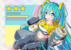 Rule 34 | 1girl, :d, abs, aqua eyes, aqua hair, bench, black pants, bottle, bra, commentary, cropped jacket, drawstring, feet out of frame, fingerless gloves, fitness boxing, foreshortening, from above, giving, gloves, hair ornament, hatsune miku, holding, holding bottle, homura 0205, hood, hooded jacket, incoming drink, jacket, lanyard, light blush, long hair, looking at viewer, open mouth, outstretched arm, pants, sitting, smile, solo, sports bra, star (symbol), sweat, teeth, toned, track pants, twintails, underwear, upper teeth only, very long hair, vocaloid, water bottle, white bra, white gloves, yellow jacket