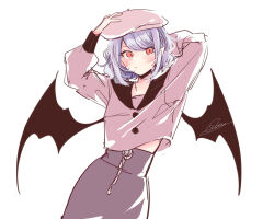 Rule 34 | 1girl, alternate costume, arms up, bad id, bad twitter id, bat wings, blush, closed mouth, cowboy shot, expressionless, hat, long sleeves, looking at viewer, red eyes, remilia scarlet, shirt, short hair, simple background, solo, souta (karasu no ouchi), touhou, white background, wings