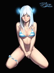 Rule 34 | 10s, 1girl, 2015, bad id, bad pixiv id, bikini, bikini around one leg, black background, blue bikini, blue eyes, blush, breasts, cleavage, collarbone, covering crotch, covering privates, dated, embarrassed, facing viewer, full body, glowing, glowing horns, highres, horns, large breasts, lips, long hair, looking away, nose, piyo (pixiv 2308057), signature, silver hair, simple background, solo, string bikini, striped bikini, striped clothes, swimsuit, tearing up, undersized clothes, v arms, white bikini