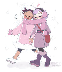 Rule 34 | 2girls, amity blight, blush, brown hair, closed eyes, closed mouth, dark-skinned female, dark skin, earmuffs, heart, holding hands, hood, hood up, interlocked fingers, luz noceda, multicolored hair, multiple girls, open mouth, purple hair, purple scarf, scarf, shared clothes, shared scarf, su ggushi, teeth, the owl house, upper teeth only, winter clothes, yuri