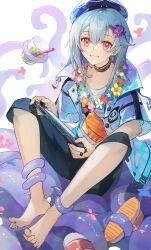 Rule 34 | 1boy, arknights, barefoot, blue hair, cup, feet, flower, hat, highres, image sample, juice, looking at viewer, male focus, mizuki (arknights), no shoes, no socks, pants, playing games, purple eyes, sandals, sitting, smile, solo, twitter sample, video game, white background