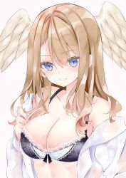 Rule 34 | 1girl, bare shoulders, black bra, blue eyes, bow, bow bra, bra, breasts, brown background, brown hair, cleavage, closed mouth, collarbone, eunie (xenoblade), hair between eyes, hand up, head wings, highres, long hair, long sleeves, looking at viewer, medium breasts, nanase nao, off shoulder, open clothes, open shirt, shirt, simple background, smile, solo, underwear, upper body, white shirt, white wings, wings, xenoblade chronicles (series), xenoblade chronicles 3