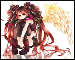 Rule 34 | 1girl, bacterial contamination, boots, calne ca (deino), conomi-c5, female focus, highres, long hair, red eyes, red hair, sitting, smile, solo, thighhighs, twintails, vocaloid, wings