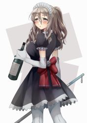 Rule 34 | 1girl, absurdres, alternate costume, black dress, bottle, brown eyes, commentary request, cowboy shot, dress, elbow gloves, enmaided, from behind, gloves, grey hair, highres, kantai collection, long hair, maid, maid headdress, pantyhose, pola (kancolle), solo, standing, thighhighs, toriniku senshi chikinman, wavy hair, white background, white gloves, white pantyhose, wine bottle