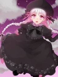 Rule 34 | 10s, 1girl, braid, dress, fate/extra, fate (series), frills, grey hair, hat, highres, long hair, multicolored hair, nursery rhyme (fate), open mouth, purple eyes, ribbon