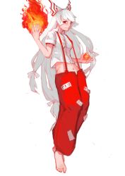 Rule 34 | 1girl, absurdres, barefoot, bow, breasts, collared shirt, crop top, fire, fireball, fire, fujiwara no mokou, full body, grin, hair bow, highres, long hair, looking at viewer, midriff, navel, open hands, oshin0 (zheng), pants, red eyes, red pants, shirt, short sleeves, simple background, small breasts, smile, solo, stomach, suspenders, touhou, very long hair, white background, white hair, white shirt
