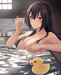 Rule 34 | 1girl, black hair, blush, breasts, choko (cup), cleavage, closed mouth, collarbone, commentary request, convenient censoring, cup, hair between eyes, hair censor, highres, holding, holding cup, kantai collection, kasumi (skchkko), large breasts, long hair, looking at viewer, nagato (kancolle), nude, onsen, partially submerged, red eyes, rubber duck, smile, solo, water
