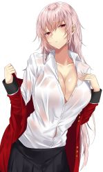 Rule 34 | 1girl, black skirt, breasts, cleavage, collarbone, commentary, dress shirt, fate/grand order, fate (series), florence nightingale (fate), hair between eyes, hand on own chest, highres, jacket, unworn jacket, large breasts, long hair, looking at viewer, military, military uniform, onineko-chan, pink hair, pleated skirt, red eyes, red jacket, see-through, shirt, skirt, solo, taking off, unbuttoned, unbuttoned shirt, uniform, very long hair, wet, wet clothes, wet hair, white shirt