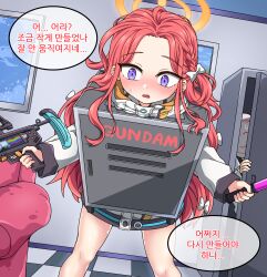 Rule 34 | 1girl, absurdres, doodle sensei (blue archive), blue archive, cardboard box gundam, devil yanghyeok, grenade launcher, halo, highres, jacket, korean text, long hair, m320, modular weapon system, nyan cat, parody, purple eyes, red hair, sensei (blue archive), speech bubble, stand-alone configuration, thighs, weapon, white jacket, yuzu (blue archive)