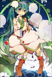Rule 34 | 1girl, absurdly long hair, bad id, bad pixiv id, boots, brown footwear, flower, fur boots, fuuko (2679566944), green eyes, green hair, hatsune miku, lily of the valley, long hair, looking at viewer, matching hair/eyes, night, sitting, smile, snow, snowdrop (flower), snowflakes, snowing, solo, twintails, very long hair, vocaloid, yuki miku