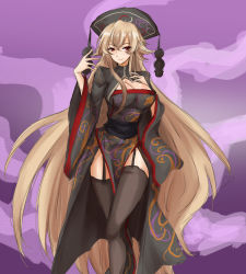 Rule 34 | 1girl, absurdres, adapted costume, amagi (amagi626), black dress, black hat, black thighhighs, blonde hair, breasts, chinese clothes, cleavage, cleavage cutout, clothing cutout, commentary request, crossed legs, crown, dress, garter straps, hand on own chest, hat, highres, junko (touhou), large breasts, light smile, long hair, long sleeves, looking at viewer, obi, pom pom (clothes), purple background, red eyes, sash, side slit, solo, standing, thighhighs, thighs, touhou, very long hair
