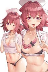 Rule 34 | 1girl, astolfo (fate), bad id, bad pixiv id, black bra, black panties, bra, braid, breasts, cleavage, collarbone, collared shirt, commentary request, crop top, dress shirt, fate/grand order, fate (series), genderswap, genderswap (mtf), gloves, groin, hair intakes, hat, highres, holding, holding syringe, long hair, looking at viewer, medium breasts, multiple views, navel, no pants, nurse, nurse cap, open mouth, panties, parted lips, pink hair, purple eyes, shirt, short sleeves, simple background, single braid, smile, stomach, suou-sensei, syringe, tongue, tongue out, underwear, white background, white gloves, white shirt