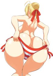 Rule 34 | 1girl, ahoge, ass, ass focus, back, bikini, bikini bottom only, blonde hair, breasts, butt crack, fate/grand order, fate (series), female focus, from behind, hair bun, highres, huge ass, jadf, large breasts, nero claudius (fate), nero claudius (fate) (all), nero claudius (swimsuit caster) (fate), shiny skin, sideboob, single hair bun, solo, striped bikini, striped bikini bottom, striped clothes, swimsuit, thigh gap, thighs, topless, white background