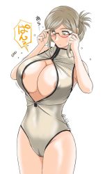 Rule 34 | 10s, 1girl, adjusting eyewear, breasts, cameltoe, chiba shuusaku, folded ponytail, front zipper swimsuit, glasses, green eyes, highres, huge breasts, kantai collection, katori (kancolle), meme attire, motion lines, no bra, one-piece swimsuit, silver hair, simple background, solo, standing, swimsuit, wardrobe malfunction, white background, zipper