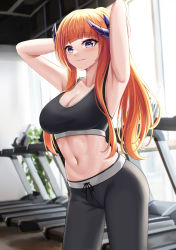 Rule 34 | 1girl, absurdres, alternate costume, arknights, armpits, arms behind head, arms up, bagpipe (arknights), black pants, black sports bra, blunt bangs, blush, breasts, cleavage, closed mouth, cowboy shot, dragon horns, gongbangmanchi (daisy cutter), gym, highres, horns, indoors, large breasts, long hair, looking at viewer, navel, orange hair, pants, ponytail, purple eyes, revision, smile, solo, sports bra, stomach, sweat, toned, treadmill, yoga pants
