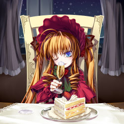 Rule 34 | 00s, 1girl, alcohol, blonde hair, blue eyes, blush, bonnet, cake, champagne, cup, drinking glass, food, fruit, highres, long hair, night, one eye closed, pastry, rozen maiden, sasa ichi, shinku, solo, strawberry, twintails, very long hair, window, wine glass, wink, winter