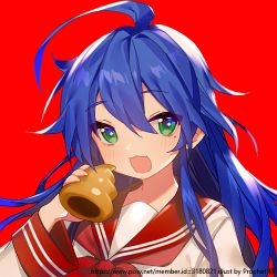 Rule 34 | 1girl, :d, ahoge, blue hair, blush, commentary request, food, green eyes, hair between eyes, hand up, head tilt, holding, holding food, izumi konata, long hair, long sleeves, lowres, lucky star, open mouth, prophet chu, red background, red neckwear, red sailor collar, sailor collar, school uniform, serafuku, shirt, simple background, smile, solo, upper body, very long hair, watermark, web address, white shirt