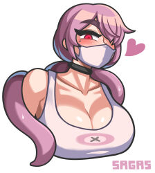 Rule 34 | 1girl, absurdres, artist name, black choker, breasts, choker, cleavage, collarbone, cropped torso, hair over one eye, heart, highres, large breasts, looking at viewer, mask, mole, mole under eye, mouth mask, overmind (starcraft), personification, purple hair, red eyes, sagas293, simple background, solo, starcraft, tank top, tentacles, white background, white mask, white tank top, zerg (starcraft)