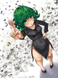 Rule 34 | 1girl, bare legs, black dress, black footwear, breasts, covered navel, curly hair, dress, from above, full body, green eyes, green hair, hand on own hip, index finger raised, long sleeves, looking at viewer, matching hair/eyes, no panties, one-punch man, pigeon-toed, pointing, pointing up, pout, seinto (metameter), shoes, short hair, small breasts, solo, standing, tatsumaki, telekinesis, wide hips