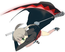 Rule 34 | 00s, 1girl, blonde hair, ecocube, eka eri, green eyes, holding, holding weapon, long sleeves, looking back, maka albarn, polearm, scythe, simple background, solo, soul eater, twintails, weapon, white background