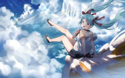 Rule 34 | 1girl, :d, arms behind back, bare arms, bare legs, black footwear, black shorts, blouse, blue eyes, blue hair, blue sky, blush, bracelet, cloud, cloudy sky, cumulonimbus cloud, day, floating hair, full body, hair ornament, hairclip, hanako151, happy, hatsune miku, jewelry, leg up, long hair, looking away, looking back, open mouth, outdoors, rainbow, red ribbon, ribbon, ribbon hair, shirt, shorts, sitting, sky, smile, solo, sunlight, thighs, twintails, very long hair, vocaloid, water, waterfall, white shirt