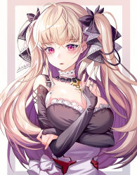 Rule 34 | 1girl, absurdres, azur lane, bad id, bad pixiv id, bare shoulders, between breasts, black dress, black nails, blonde hair, blush, breasts, cleavage, commentary request, dress, earrings, formidable (azur lane), frilled dress, frills, hair ornament, hair ribbon, harusame (user wawj5773), highres, jewelry, large breasts, long hair, looking at viewer, nail polish, pink hair, red eyes, ribbon, solo, twintails, two-tone dress, two-tone ribbon, very long hair
