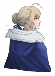 Rule 34 | 1girl, absurdres, ahoge, artoria pendragon (all), artoria pendragon (fate), blonde hair, blue ribbon, braid, braided bun, closed mouth, fate/stay night, fate (series), from behind, green eyes, hair between eyes, hair bun, hair ribbon, highres, hood, hood down, profile, ribbon, saber (fate), senamashiro, simple background, solo, white background