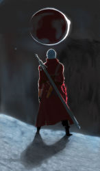 Rule 34 | 1boy, black gloves, coat, dante (devil may cry), devil may cry (series), eclipse, from behind, gloves, gradient background, huge weapon, ice (ice factory), long coat, male focus, over shoulder, rebellion (sword), red coat, short hair, sleeves pushed up, solo, sword, sword over shoulder, weapon, weapon over shoulder, white hair