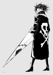 Rule 34 | 1boy, black hair, bun (game728hale396), coat, covered mouth, feitan portor, from behind, full body, greyscale, high collar, holding, holding umbrella, hunter x hunter, long sleeves, looking at viewer, looking back, male focus, monochrome, short hair, skull print, solo, standing, togashi yoshihiro (style), umbrella