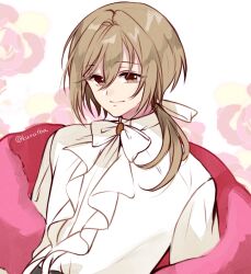 Rule 34 | 1boy, ascot, bow, bowtie, brooch, brown eyes, brown hair, closed mouth, dress shirt, floral background, fragaria memories, hair between eyes, hair ribbon, highres, jewelry, kurabayashi, long hair, long sleeves, looking at viewer, low ponytail, male focus, pink shawl, ribbon, romarriche (fragaria memories), rose background, shawl, shirt, smile, solo, twitter username, upper body, white ascot, white background, white bow, white bowtie, white ribbon, white shirt